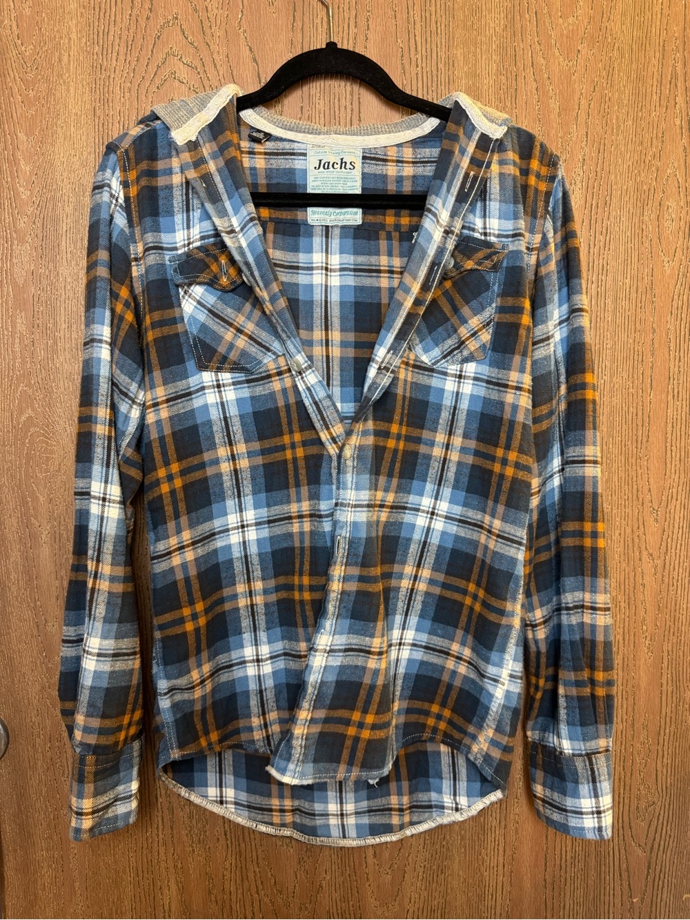 Jachs Kids Hooded Plaid Button-Down Shirt - Blue, Orange & White